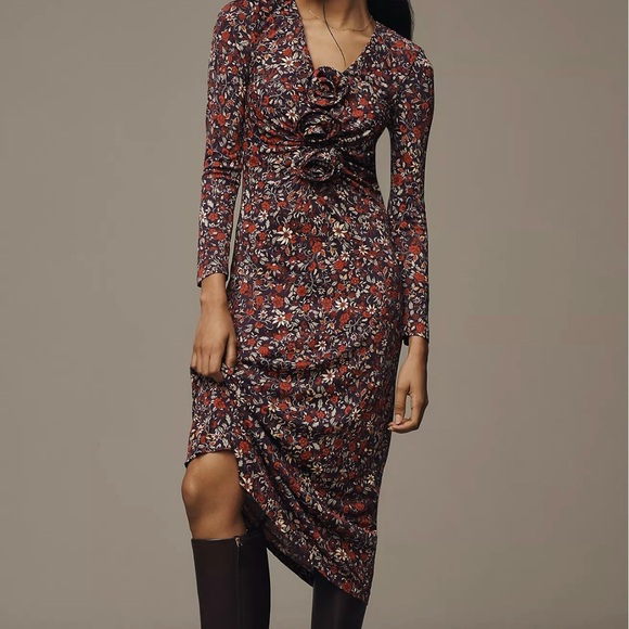 NWT Farm Rio Anthropologie Chelsea Long Sleeve Garden Deep V Maxi Dress XXS